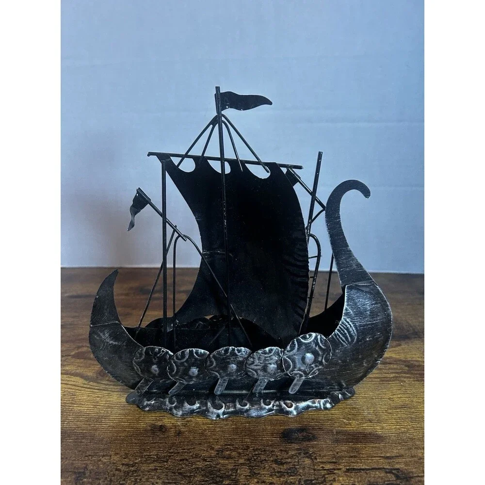 Vintage Black Metal Viking Ship Sculpture Nordic Dragon Boat Home Decor 9.5 Inch